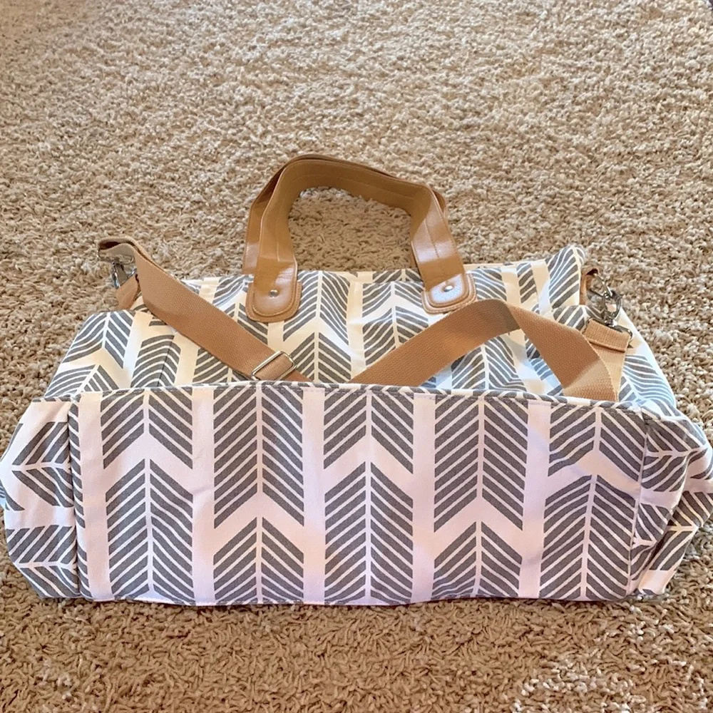 Neutral Chevron Baby Bag Tote with Tan Straps